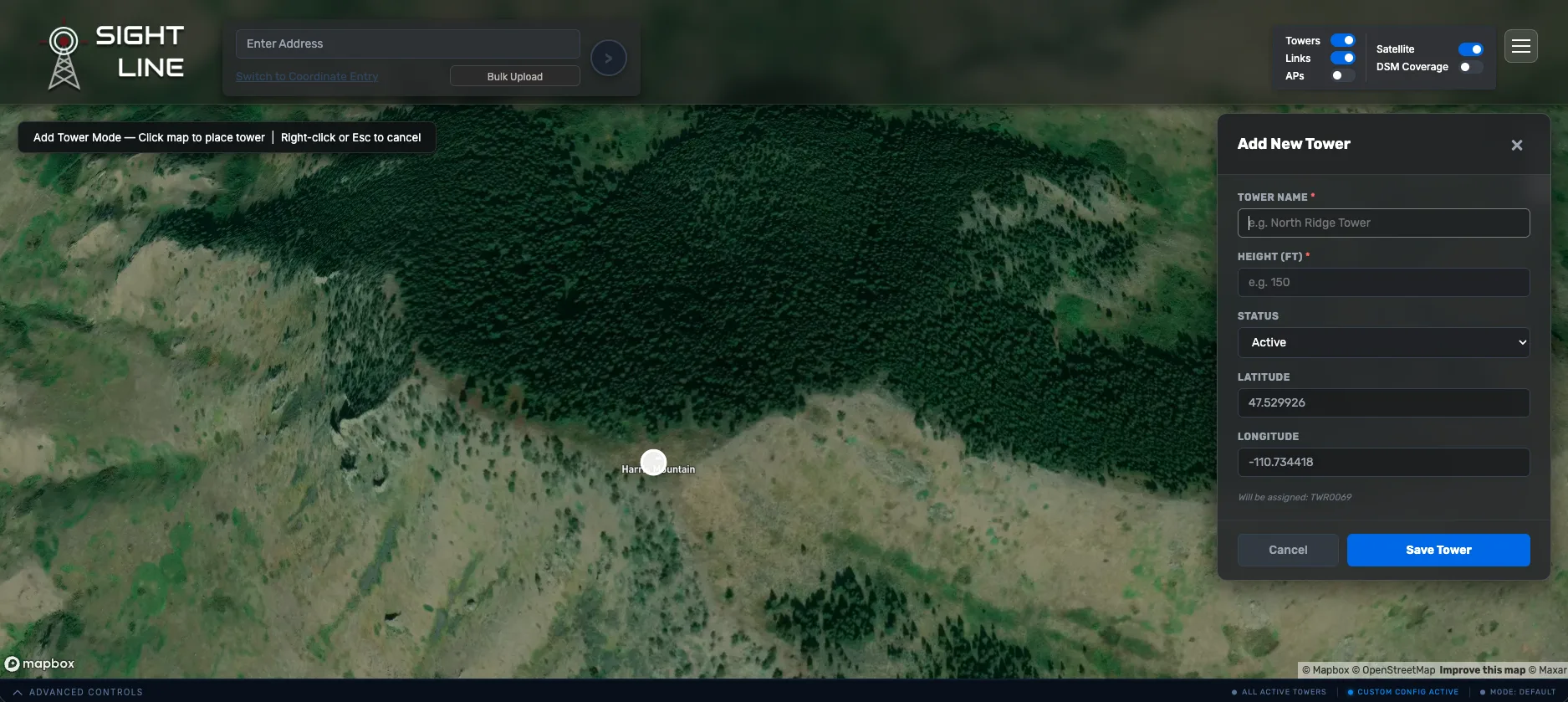 Adding a tower directly from the SightLine LOS Check map via Advanced Controls