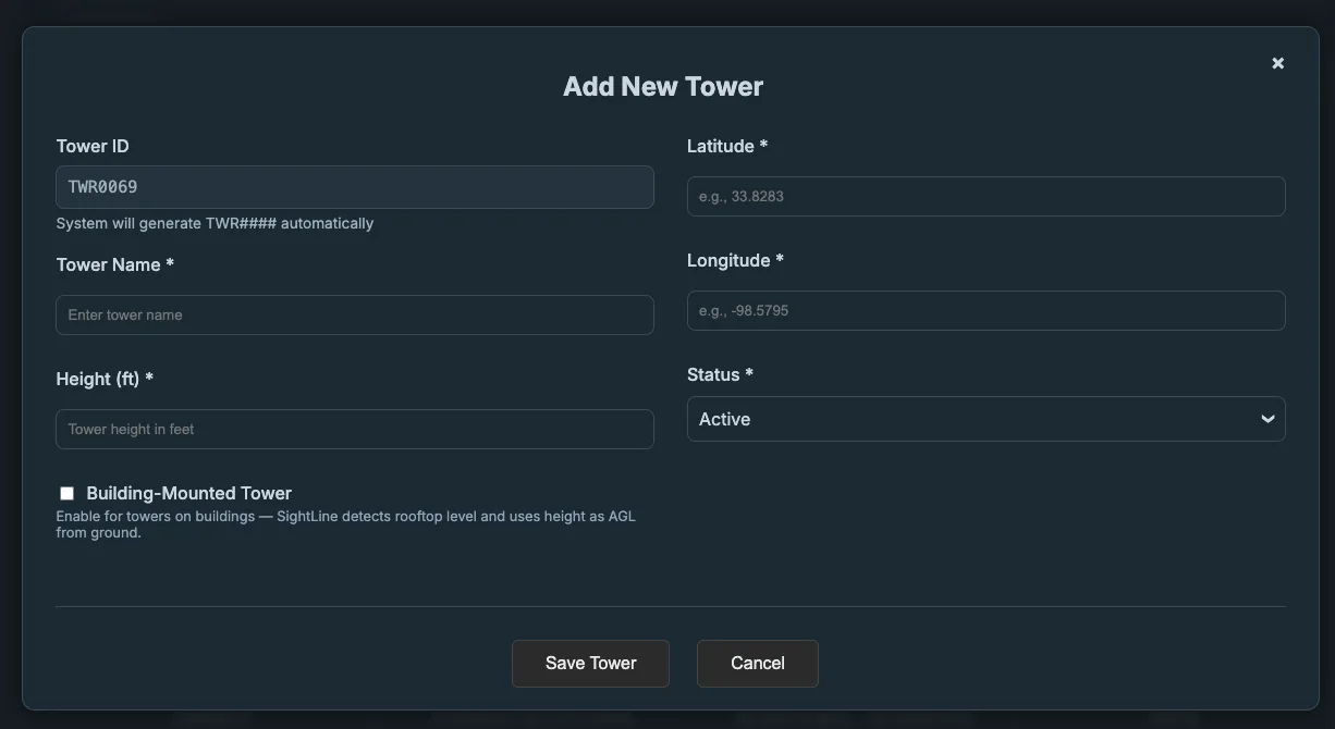 Add Tower modal and tower list view in SightLine Data Management