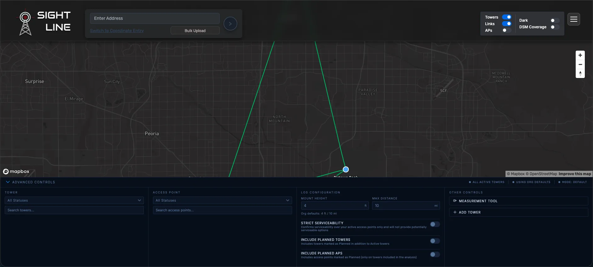 Advanced Controls drawer expanded on the LOS Check page