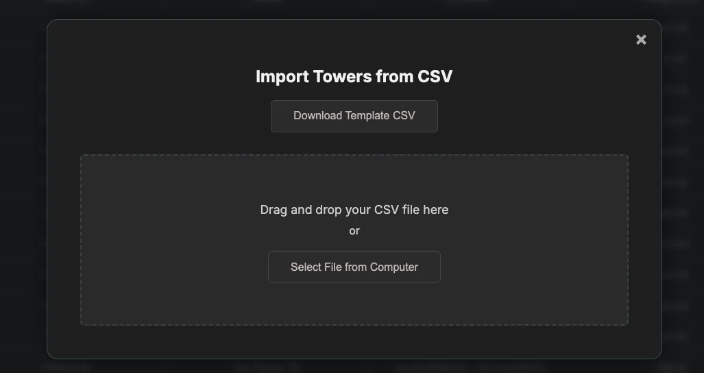 CSV import modal with template download for towers, access points, and network links