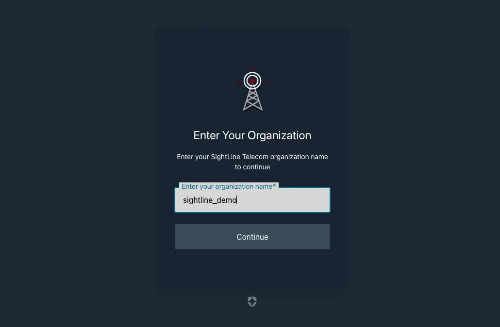 SightLine login screen and organization signup flow