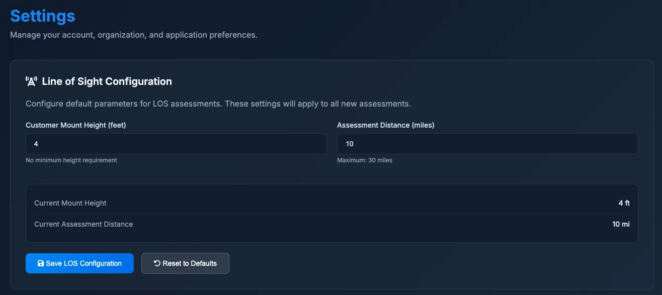 SightLine Settings → LOS Configuration tab showing customer mount height and assessment distance defaults