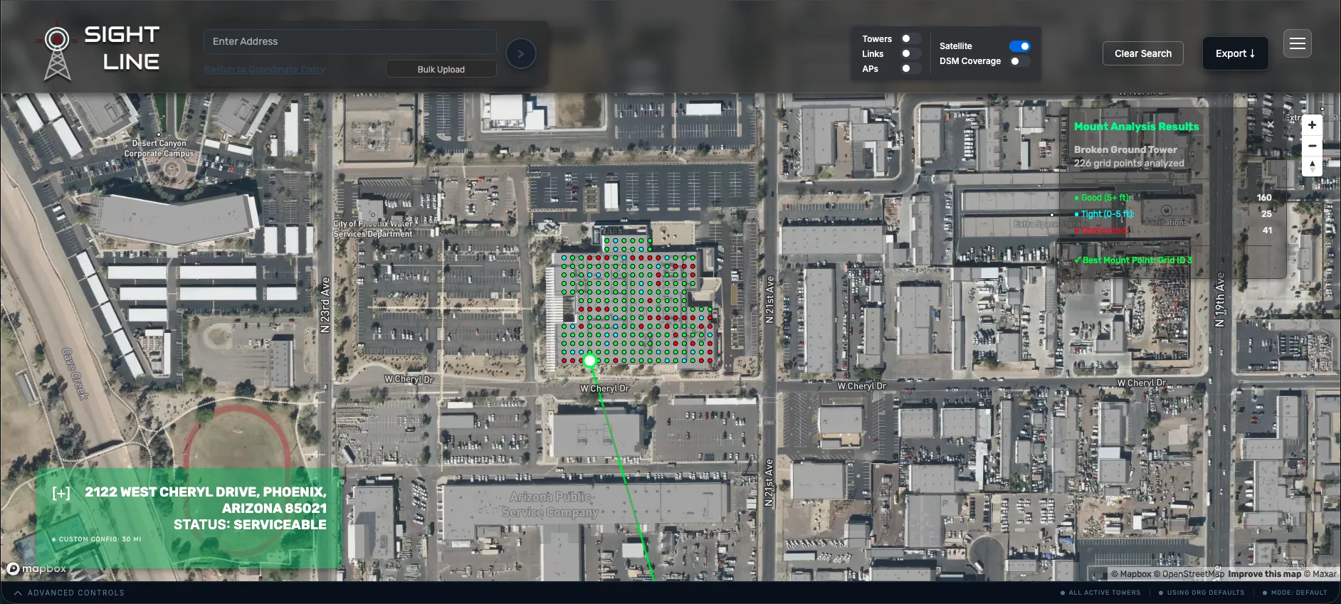 Mount Analysis grid on a rooftop showing green, blue, and red line-of-sight scoring