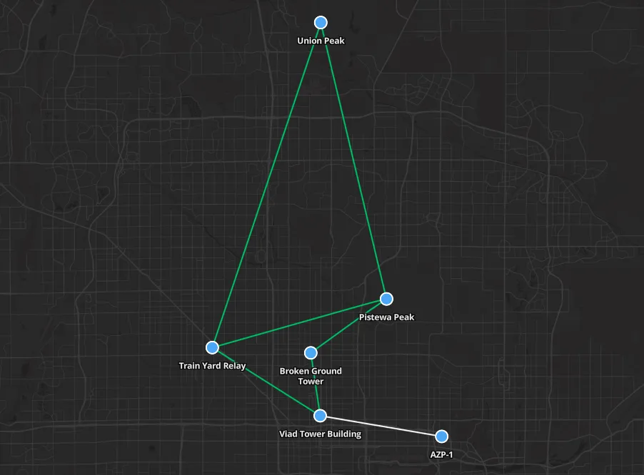 Network Links list and map overlay showing backhaul connections between towers