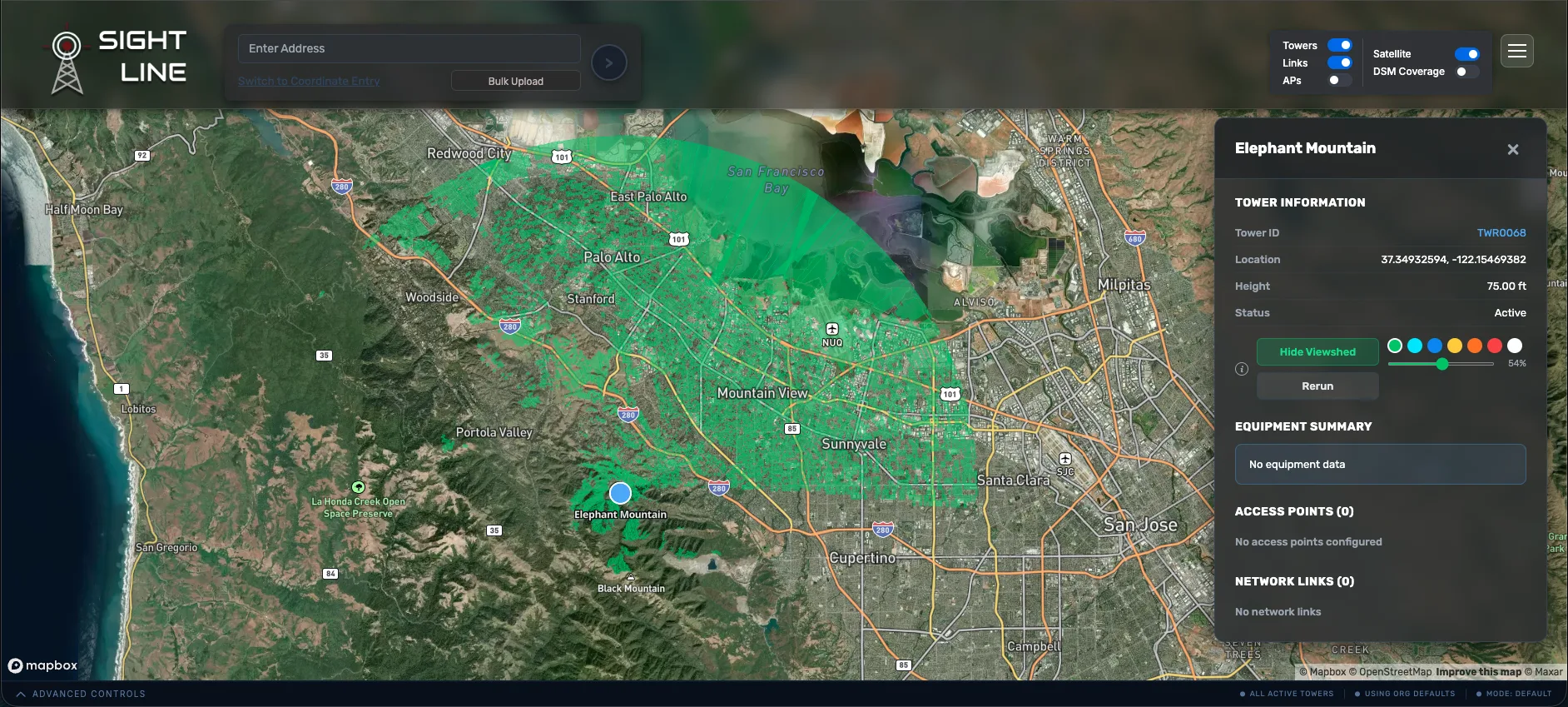 Viewshed coverage overlay on the map from a tower